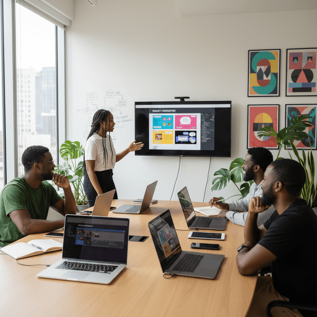 Black content creators collaborating in a modern workspace on a storytelling project.