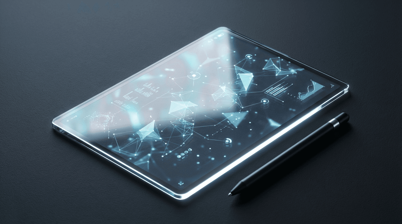 Glass tablet with glowing blue digital interface and geometric nodes, holographic reflections, sharp edge-light.