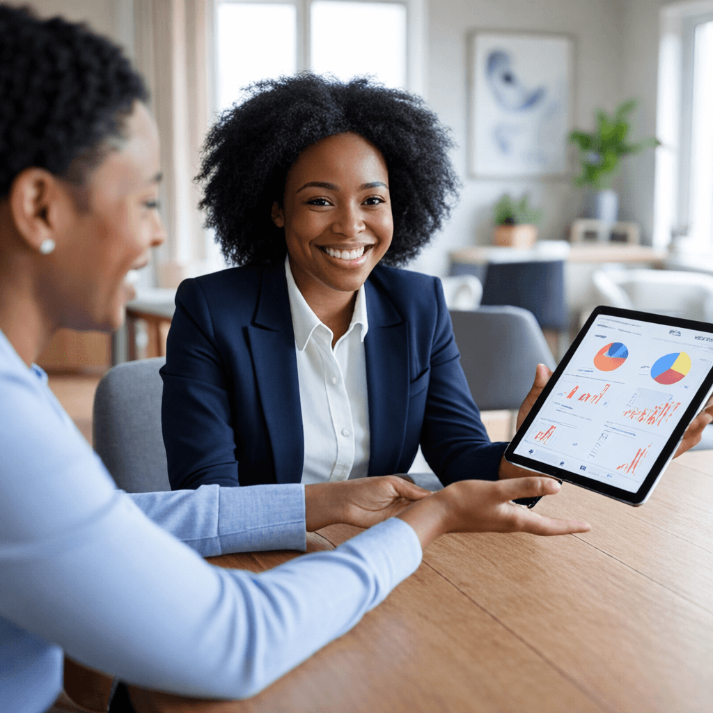 Smiling Black businesswoman presents data charts on a tablet to a colleague in an office.