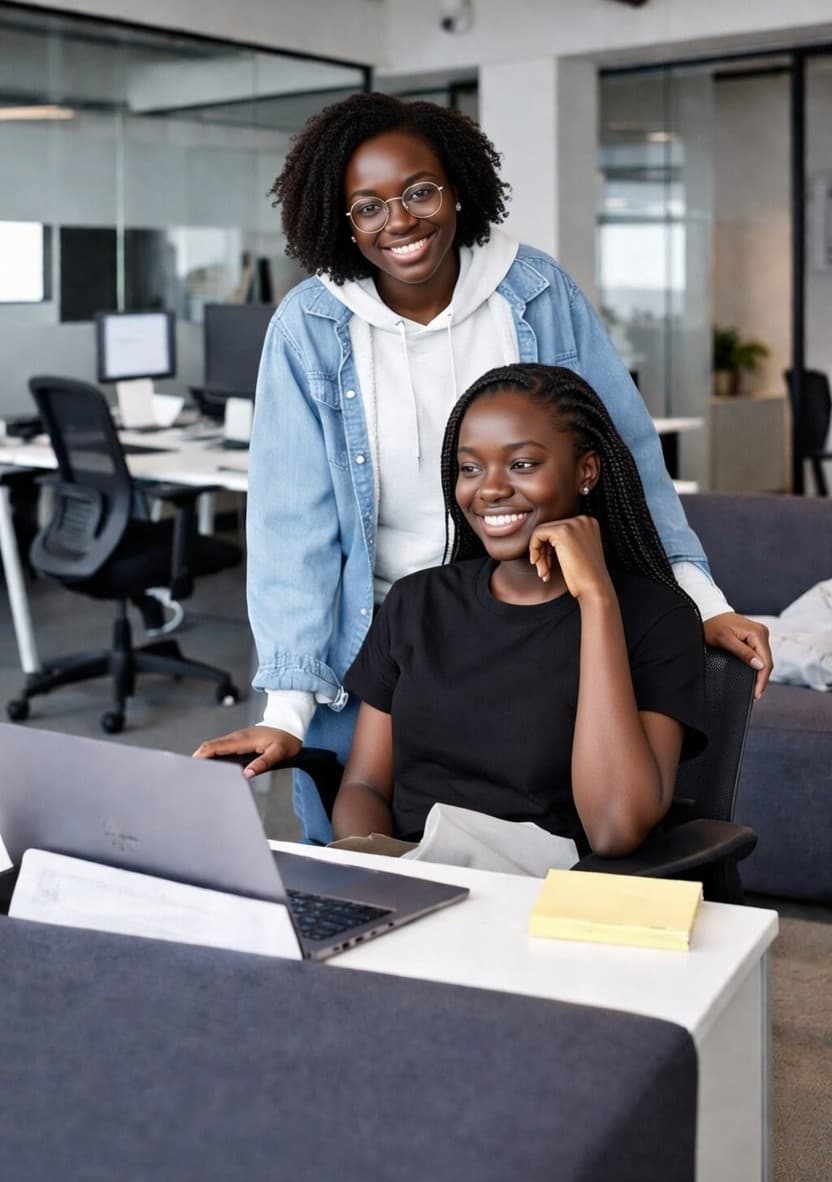 Two smiling Black women collaborating at a laptop in a bright, modern office.